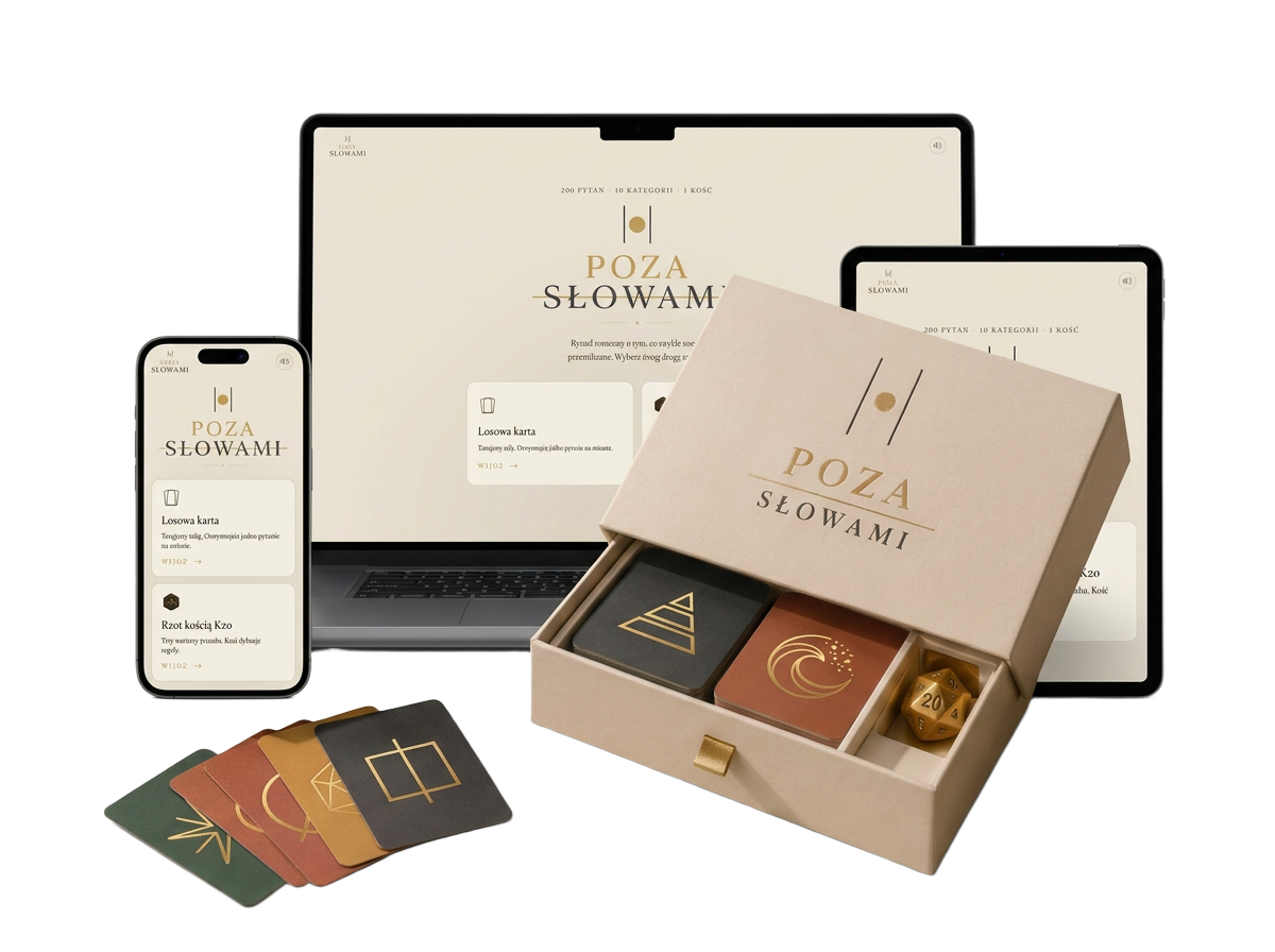 Eleganckie pudełko premium Poza Słowami z kartami oraz dostęp online na laptopie, tablecie i smartfonie